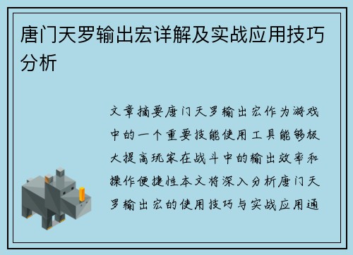 唐门天罗输出宏详解及实战应用技巧分析
